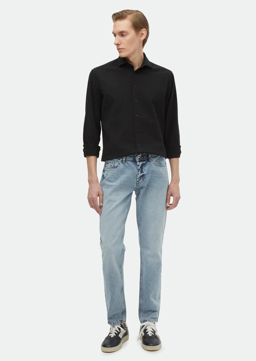 Black Plain Regular Fit Weaving Casual Cotton Blended Shirt - RAMSEY