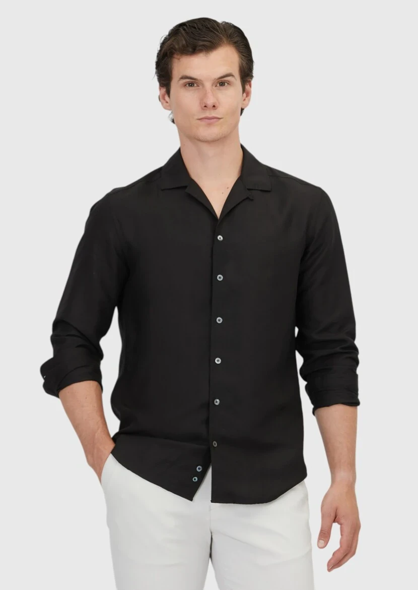 Black Plain Regular Fit Weaving Casual Linen Blended Shirt - RAMSEY