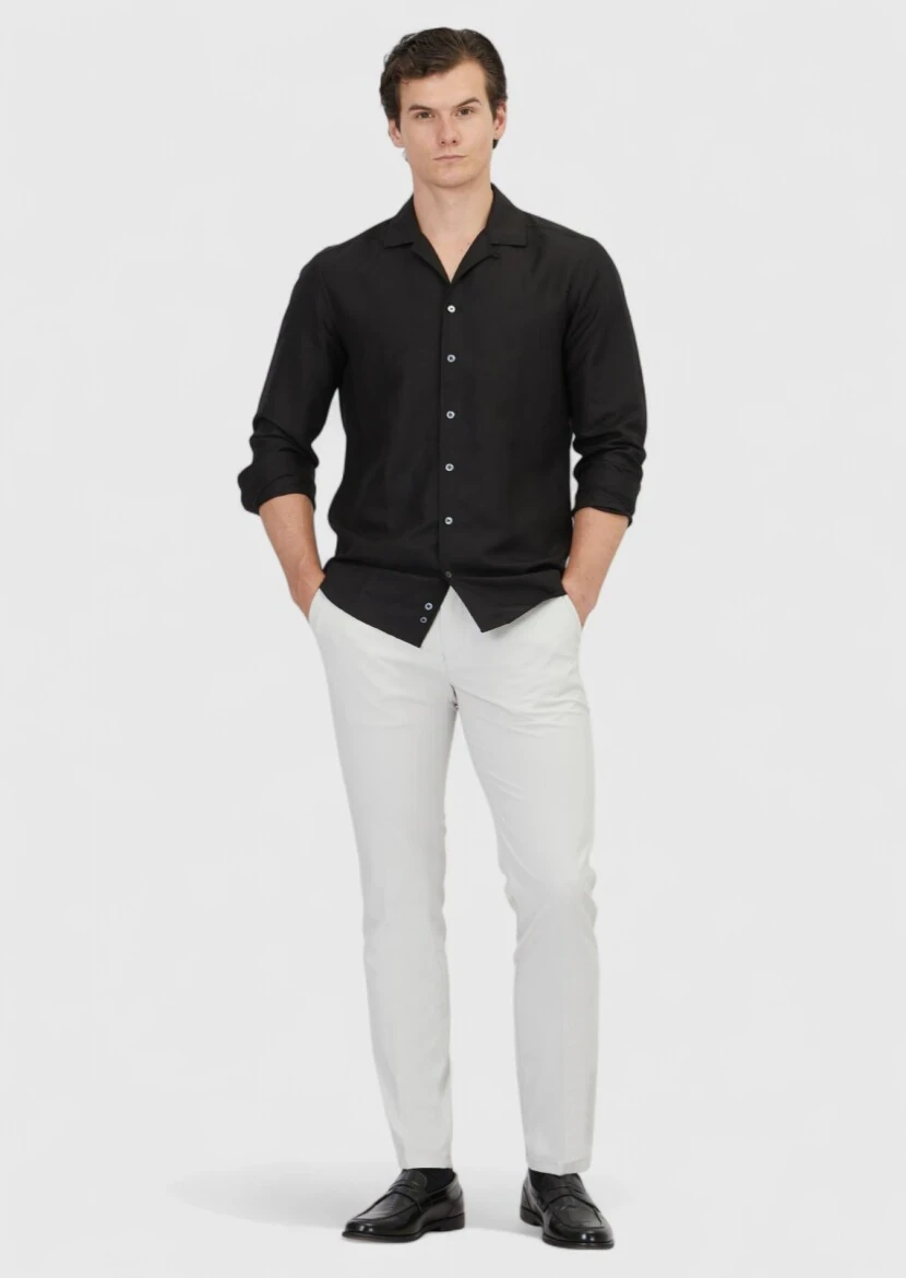 Black Plain Regular Fit Weaving Casual Linen Blended Shirt - RAMSEY