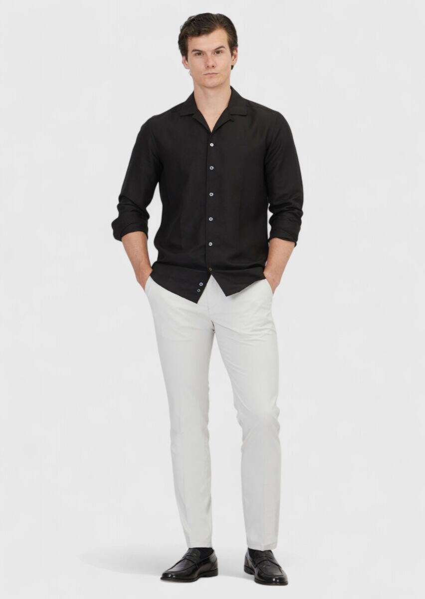 Black Plain Regular Fit Weaving Casual Linen Blended Shirt - 2