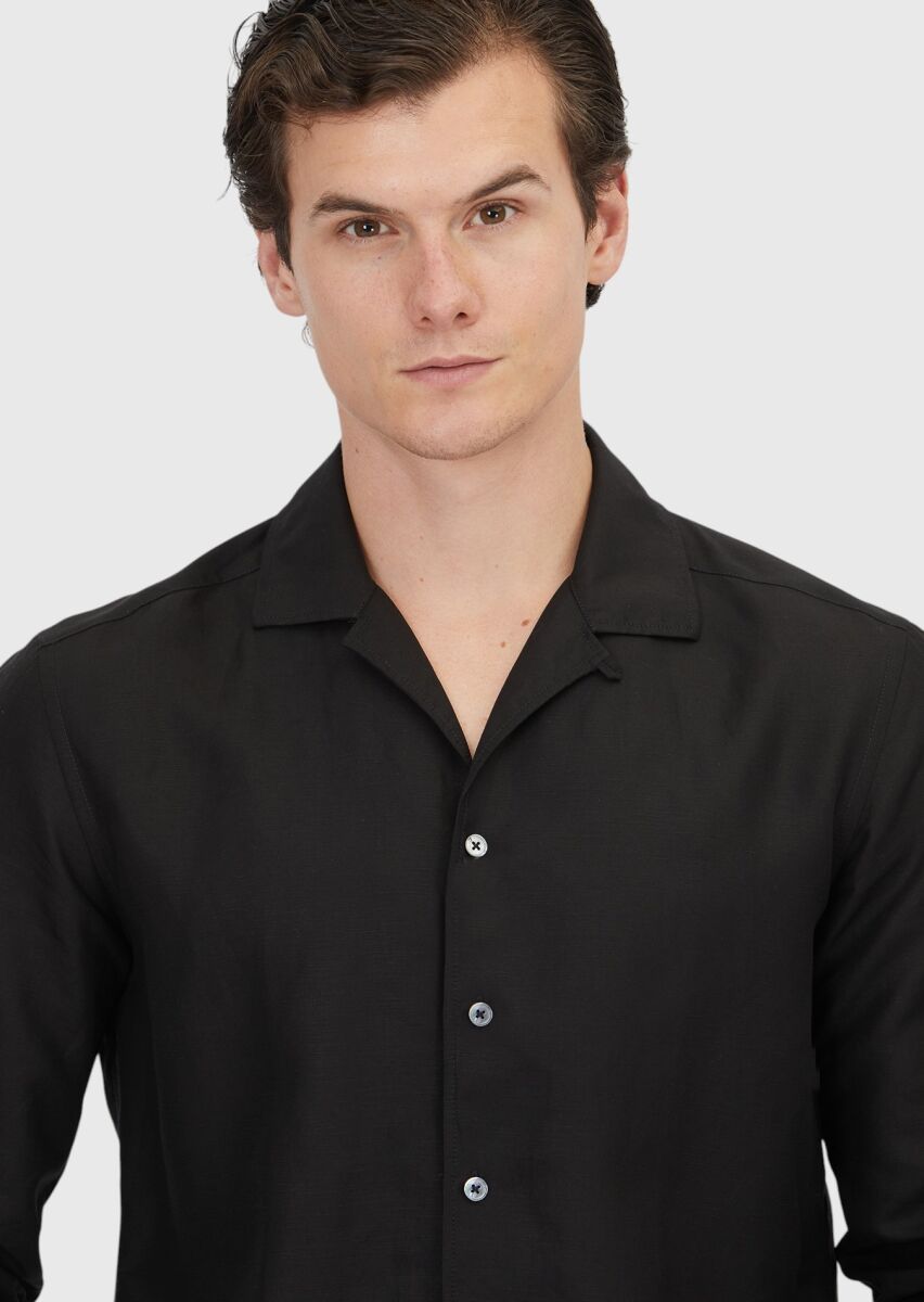 Black Plain Regular Fit Weaving Casual Linen Blended Shirt - 3