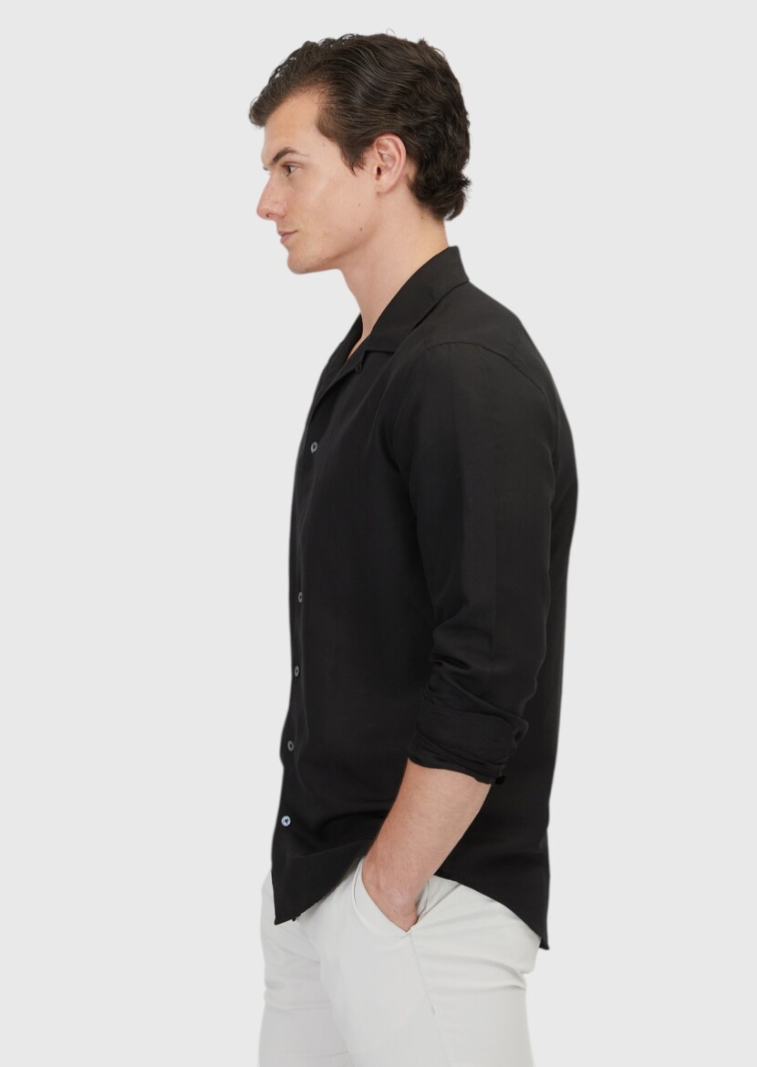 Black Plain Regular Fit Weaving Casual Linen Blended Shirt - 4