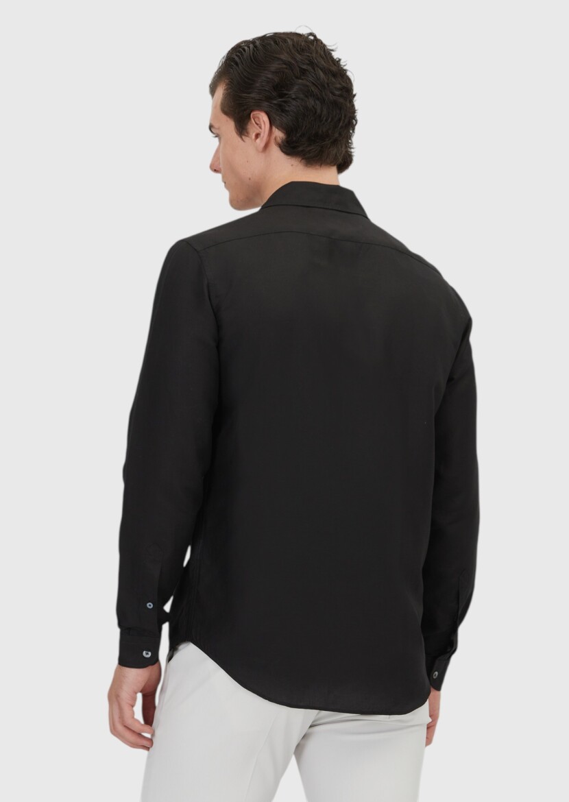 Black Plain Regular Fit Weaving Casual Linen Blended Shirt - 5