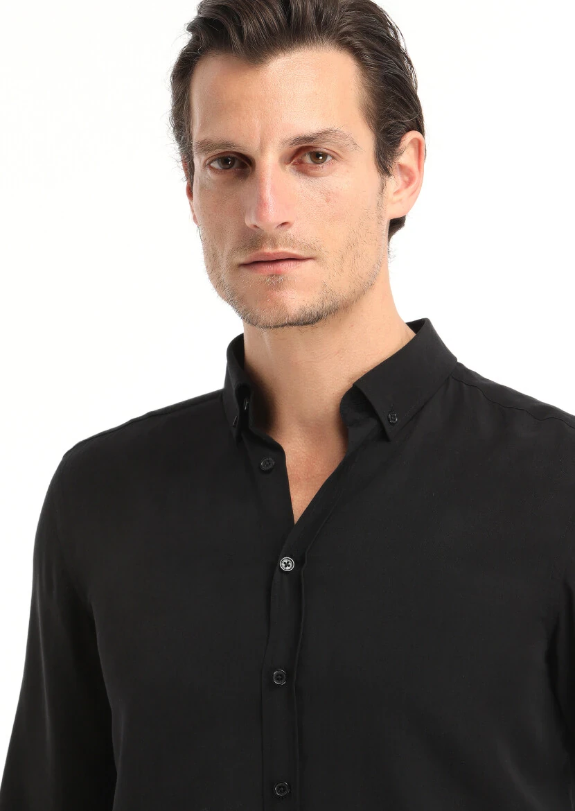 Black Plain Regular Fit Weaving Casual Shirt - 3