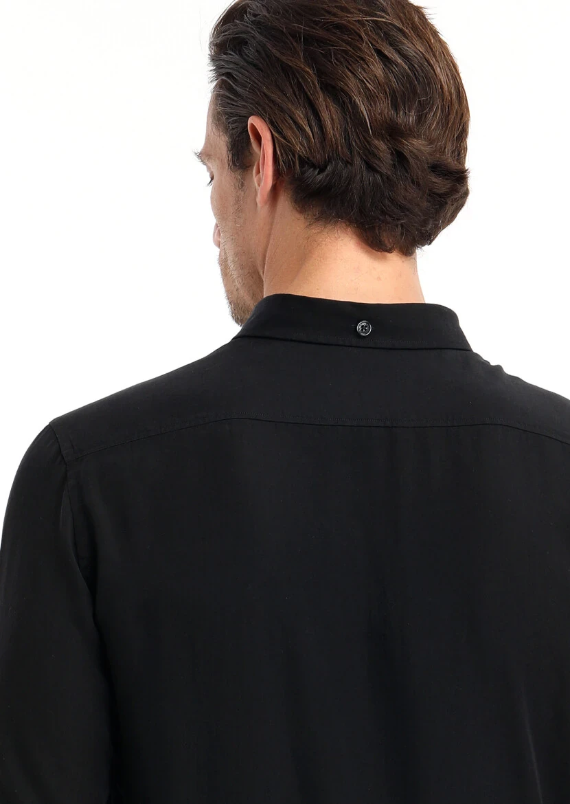 Black Plain Regular Fit Weaving Casual Shirt - 5