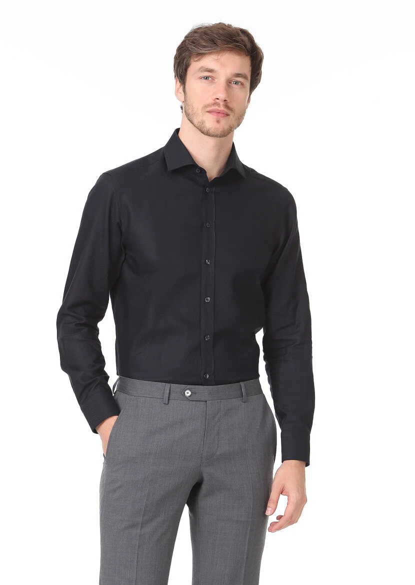 Black Plain Regular Fit Weaving Classical 100% Cotton Shirt - 1