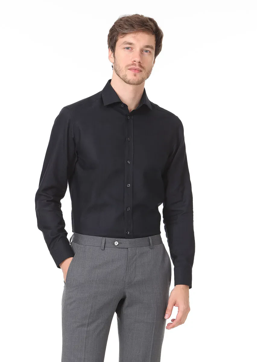 Black Plain Regular Fit Weaving Classical 100% Cotton Shirt - 1