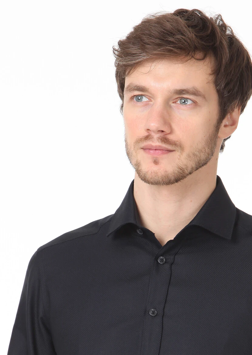 Black Plain Regular Fit Weaving Classical 100% Cotton Shirt 