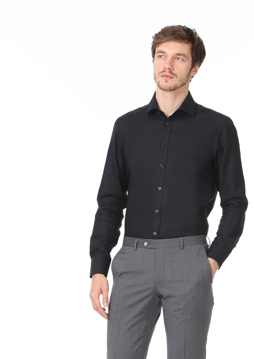 Black Plain Regular Fit Weaving Classical 100% Cotton Shirt - 3