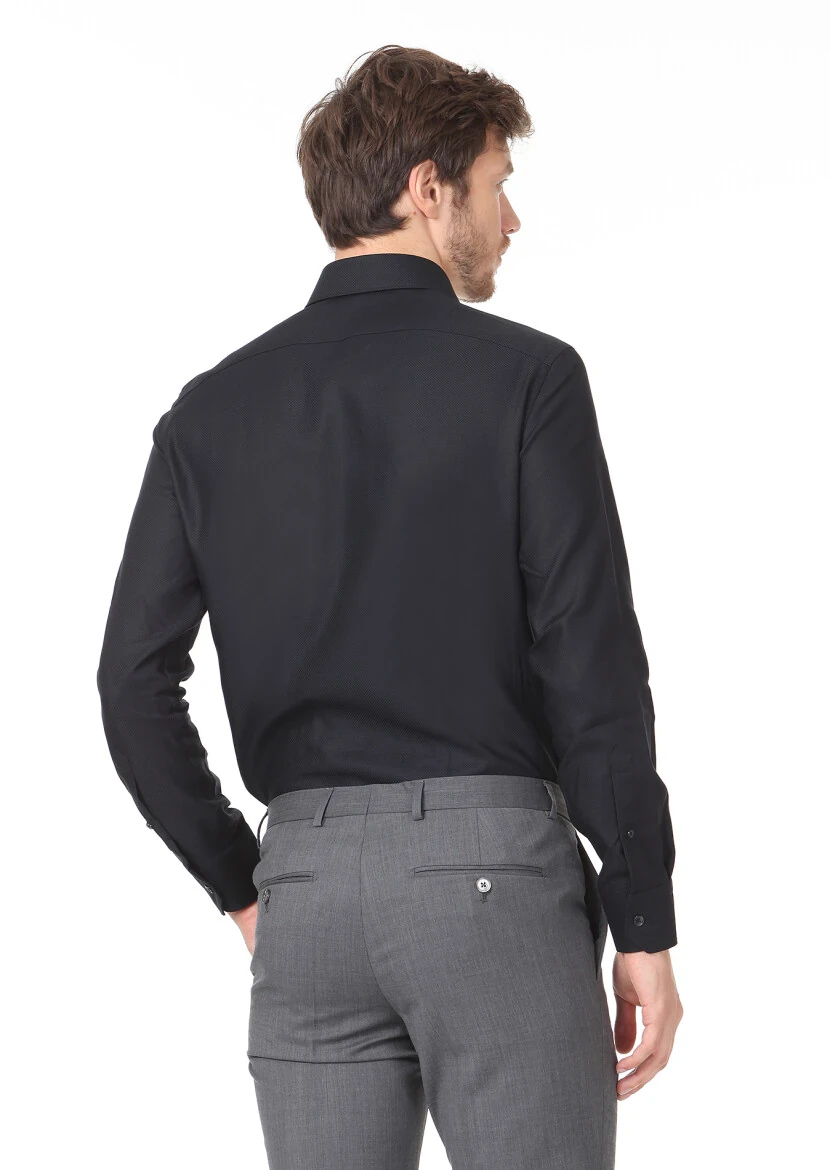 Black Plain Regular Fit Weaving Classical 100% Cotton Shirt - 4