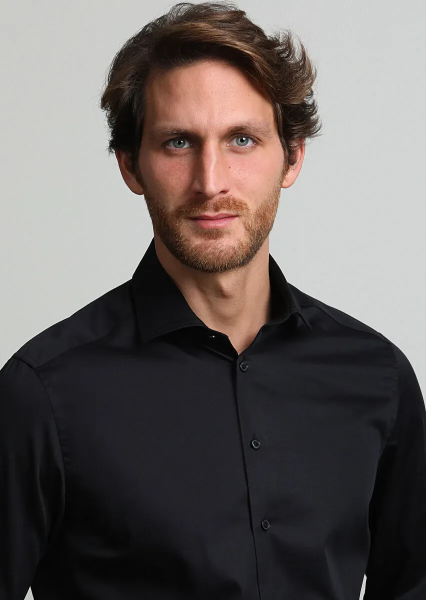 Black Plain Regular Fit Weaving Classical 100% Cotton Shirt - 2