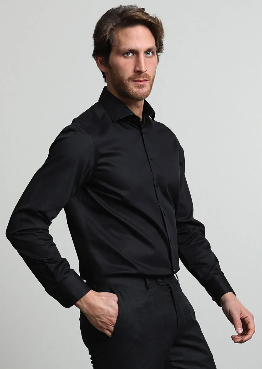 Black Plain Regular Fit Weaving Classical 100% Cotton Shirt - 3