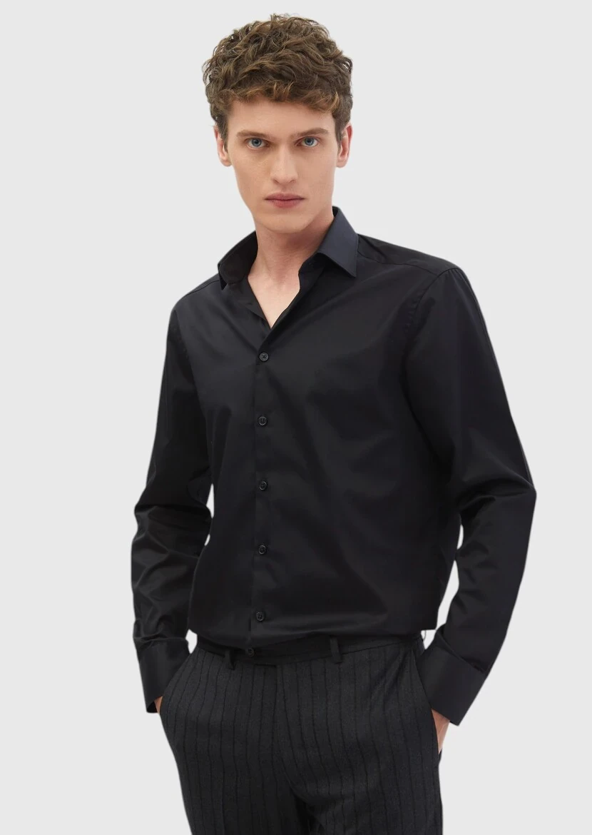 Black Plain Regular Fit Weaving Classical 100% Cotton Shirt - RAMSEY