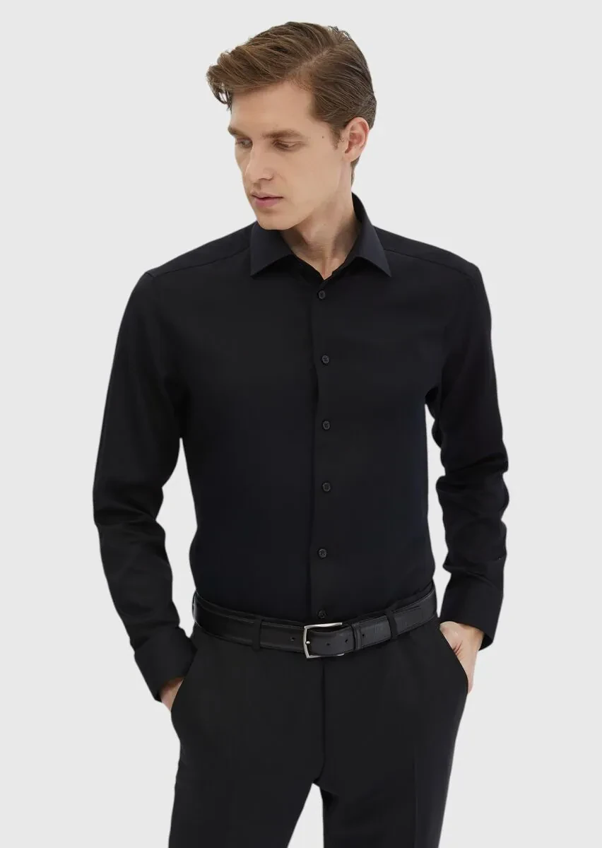 Black Plain Regular Fit Weaving Classical 100% Cotton Shirt - 1