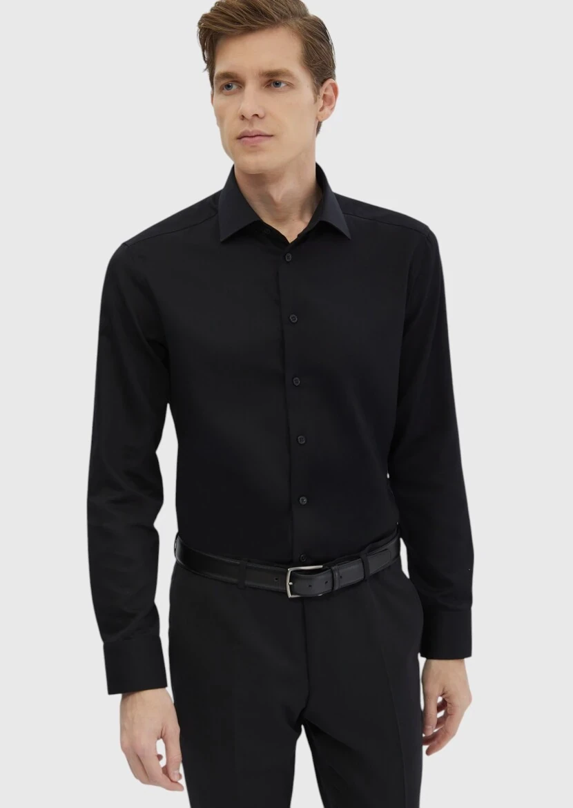Black Plain Regular Fit Weaving Classical 100% Cotton Shirt - RAMSEY