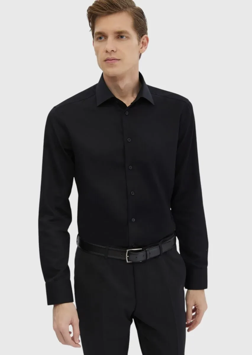 Black Plain Regular Fit Weaving Classical 100% Cotton Shirt - 2