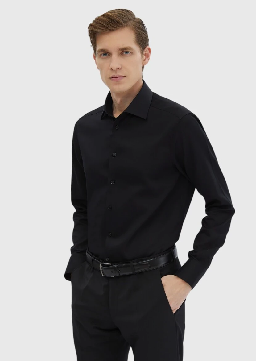 Black Plain Regular Fit Weaving Classical 100% Cotton Shirt - 3