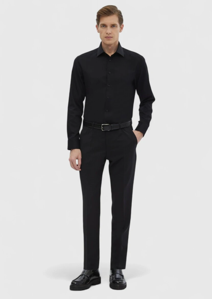 Black Plain Regular Fit Weaving Classical 100% Cotton Shirt - 4