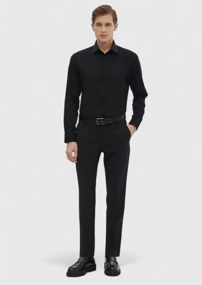 Black Plain Regular Fit Weaving Classical 100% Cotton Shirt - 4