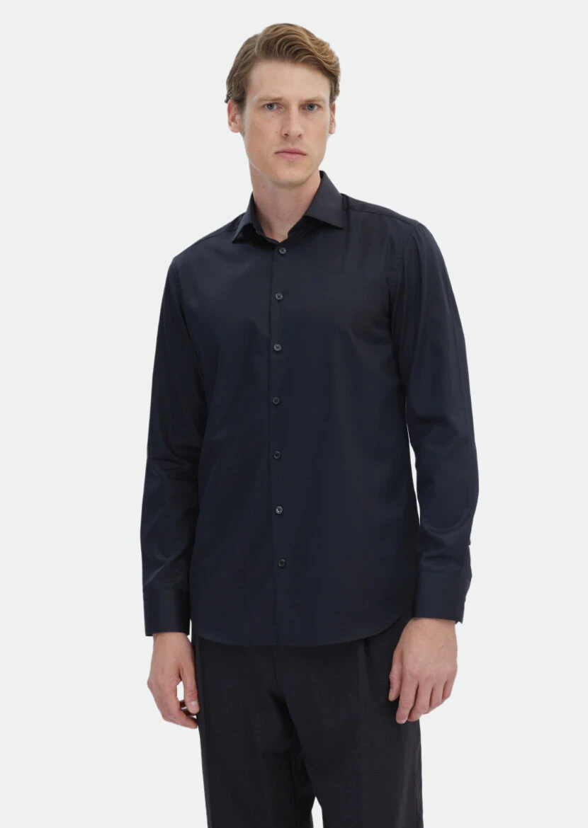 Black Plain Regular Fit Weaving Classical 100% Cotton Shirt 
