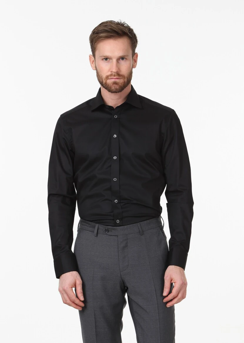 Black Plain Regular Fit Weaving Classical Cotton Blended Shirt 
