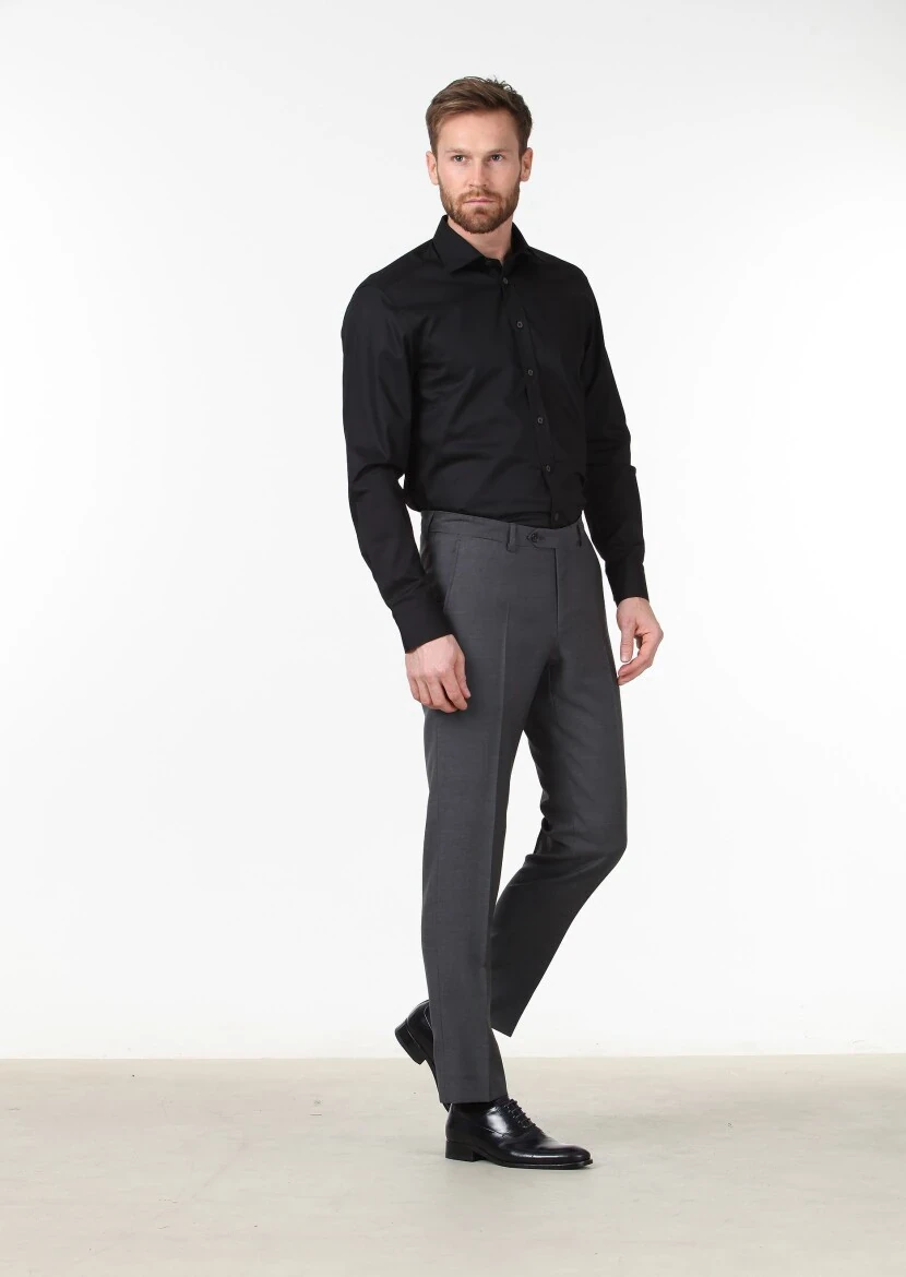 Black Plain Regular Fit Weaving Classical Cotton Blended Shirt - 3