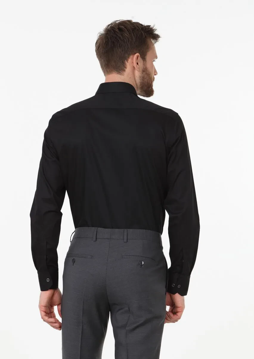 Black Plain Regular Fit Weaving Classical Cotton Blended Shirt - 4