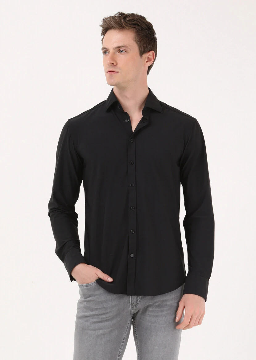 Black Plain Regular Fit Weaving Classical Shirt - RAMSEY