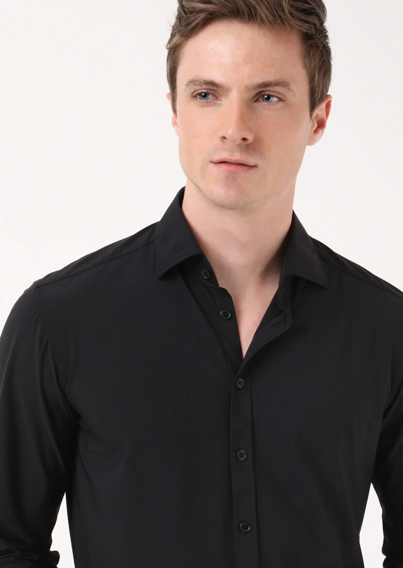 Black Plain Regular Fit Weaving Classical Shirt - RAMSEY