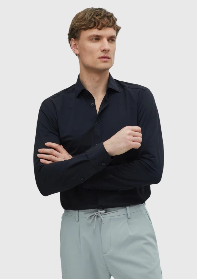 Black Plain Regular Fit Weaving Classical Shirt - RAMSEY