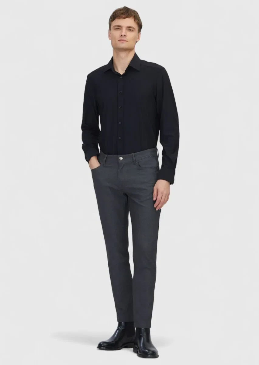 Black Plain Regular Fit Weaving Classical Shirt - 2