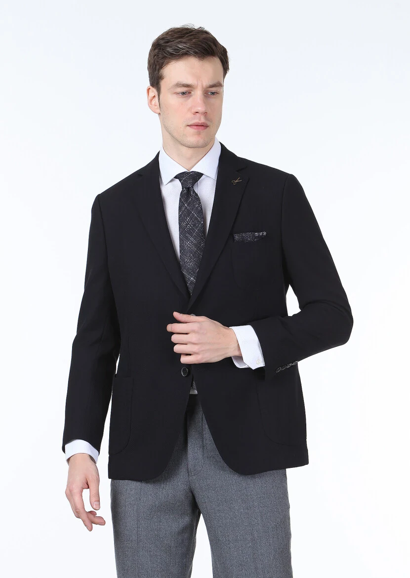 Black Plain Regular Fit Wool Blended Jacket - 1