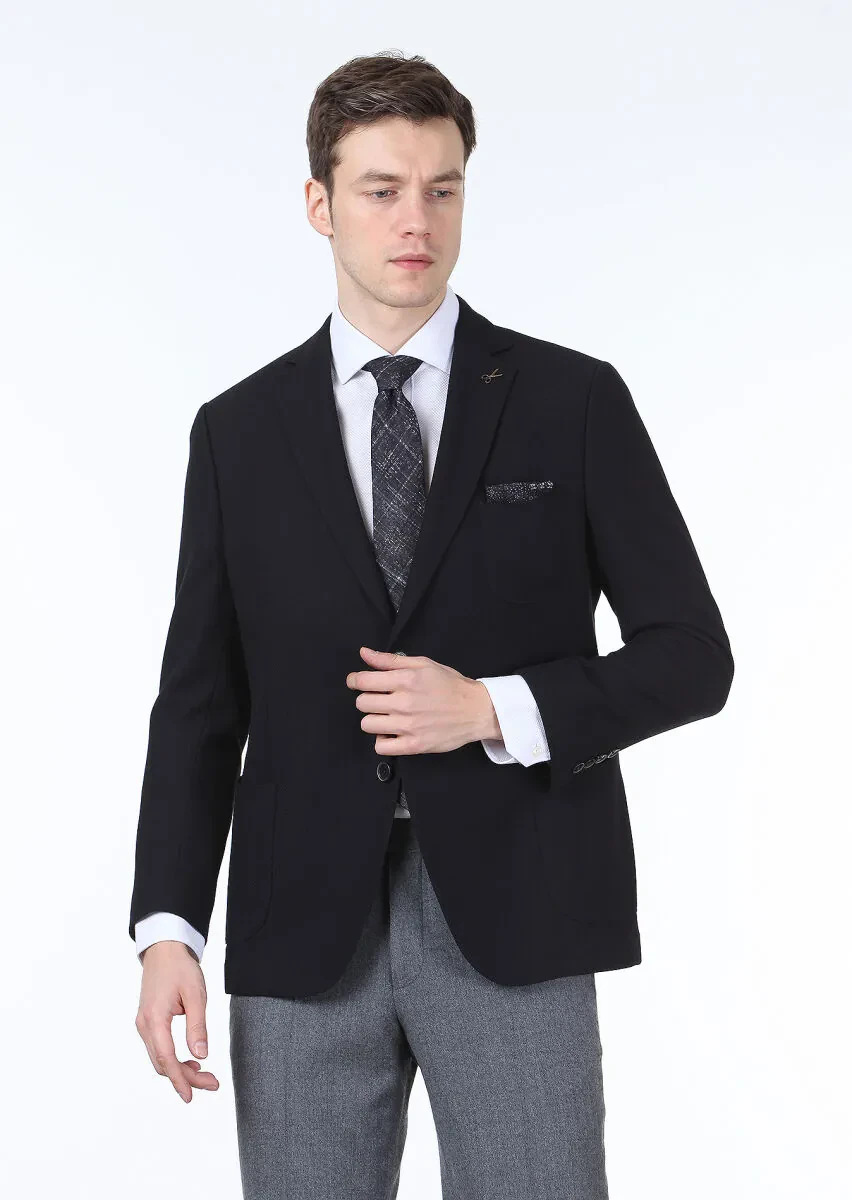 Black Plain Regular Fit Wool Blended Jacket - 1
