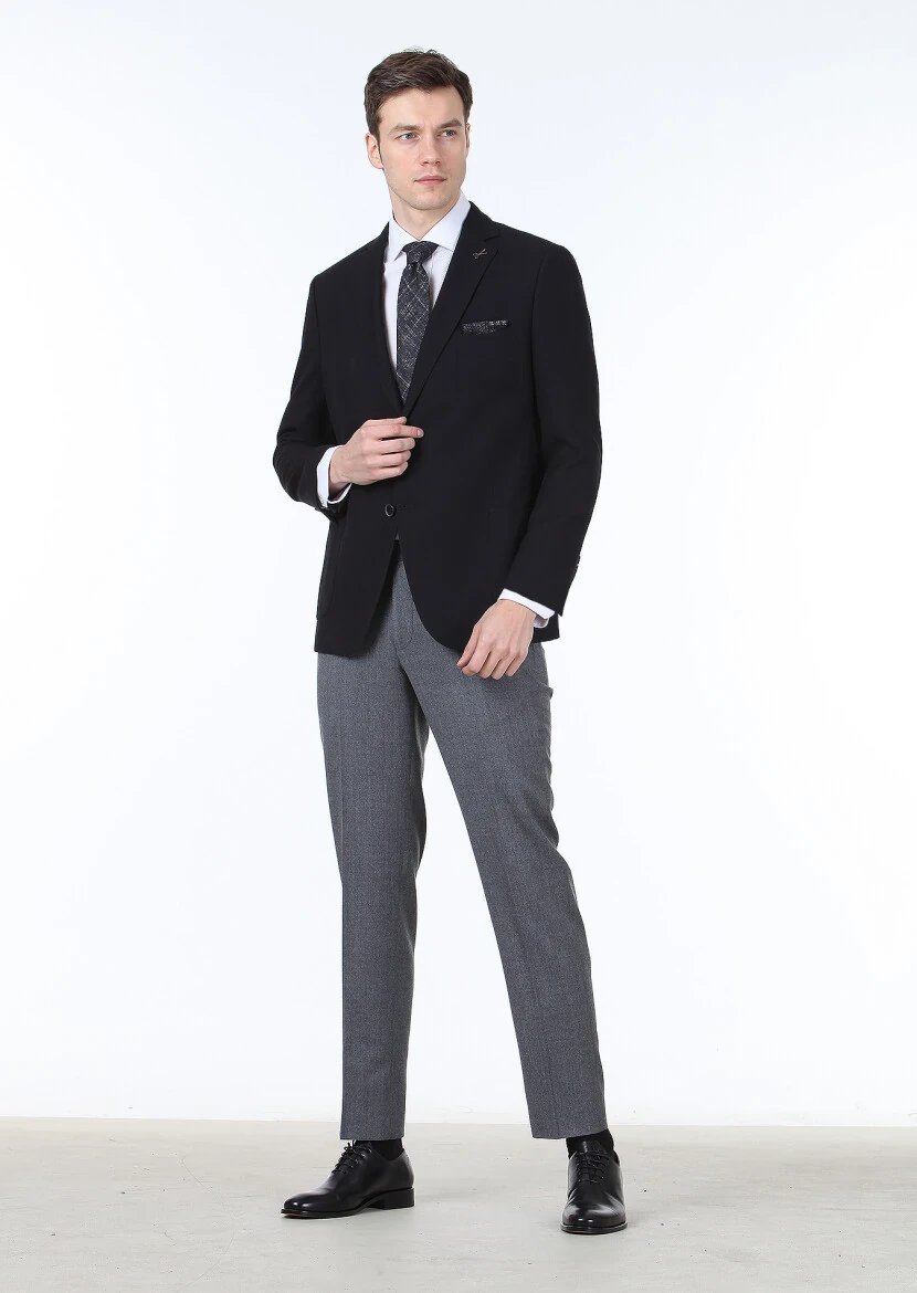 Black Plain Regular Fit Wool Blended Jacket - 3