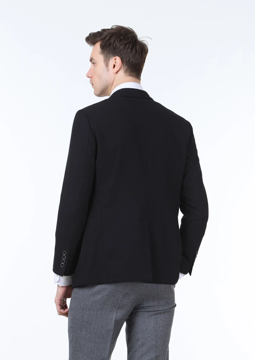 Black Plain Regular Fit Wool Blended Jacket - 4