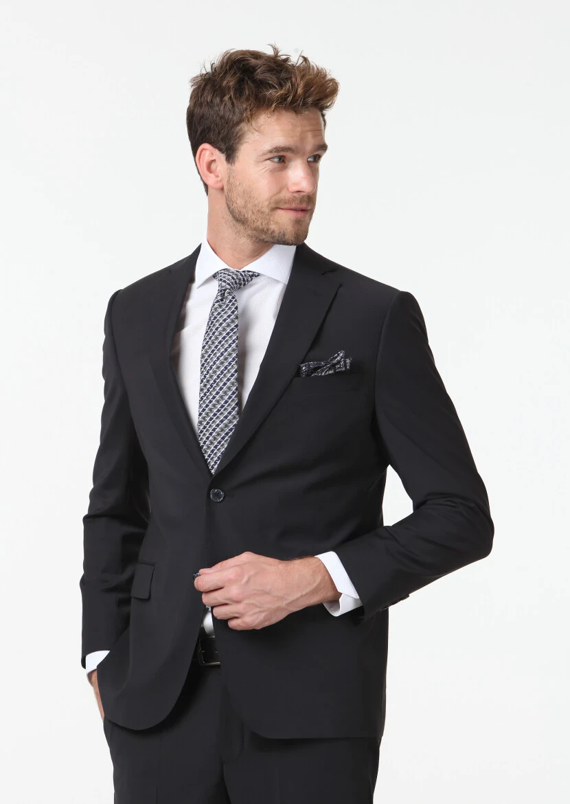Black Plain Regular Fit Wool Blended Suit - RAMSEY