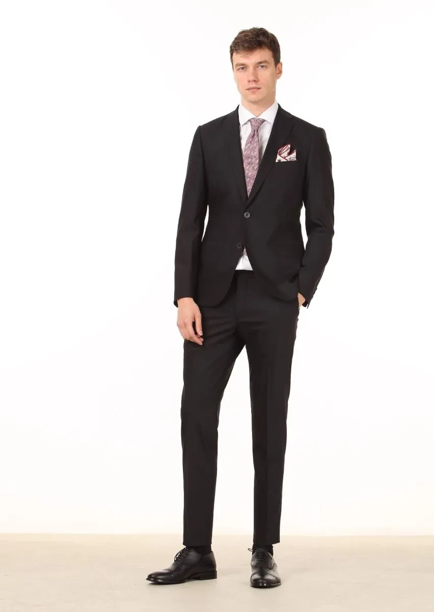 Black Plain Regular Fit Wool Blended Suit - 1