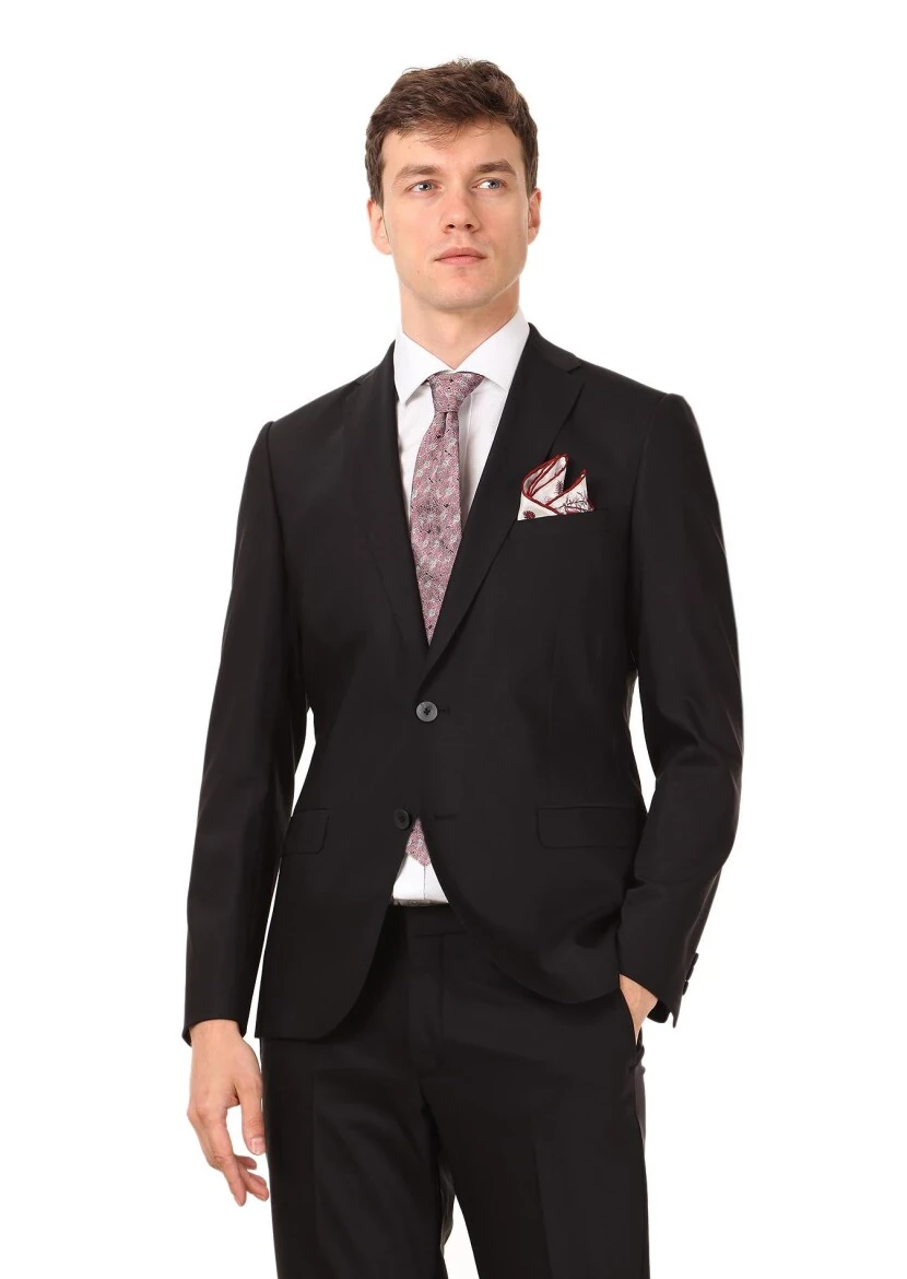Black Plain Regular Fit Wool Blended Suit - RAMSEY