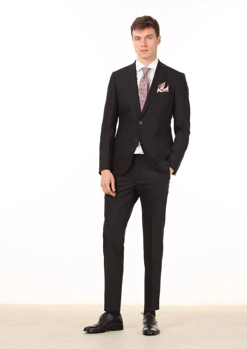 Black Plain Regular Fit Wool Blended Suit - 1