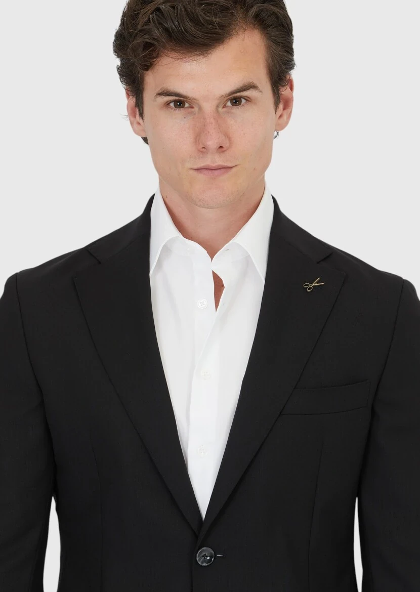 Black Plain Shirt Shoulder Slim Fit 100% Wool Jacket - 3