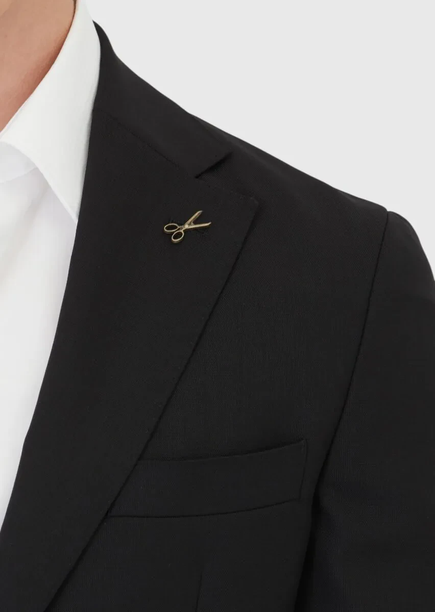 Black Plain Shirt Shoulder Slim Fit 100% Wool Jacket - 4