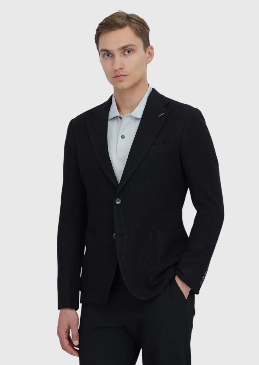 Black Plain Shirt Shoulder Slim Fit Cotton Blended Jacket - 1