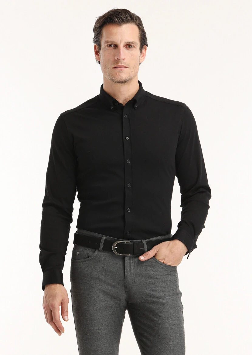 Black Plain Slim Fit Knitting Casual 100% Cotton Shirt - 2