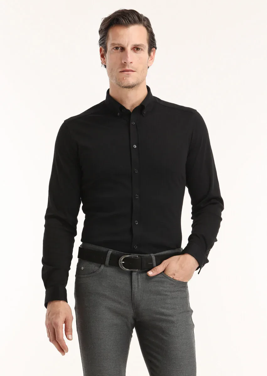 Black Plain Slim Fit Knitting Casual 100% Cotton Shirt - 2