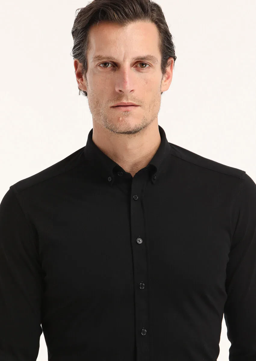 Black Plain Slim Fit Knitting Casual 100% Cotton Shirt - 3