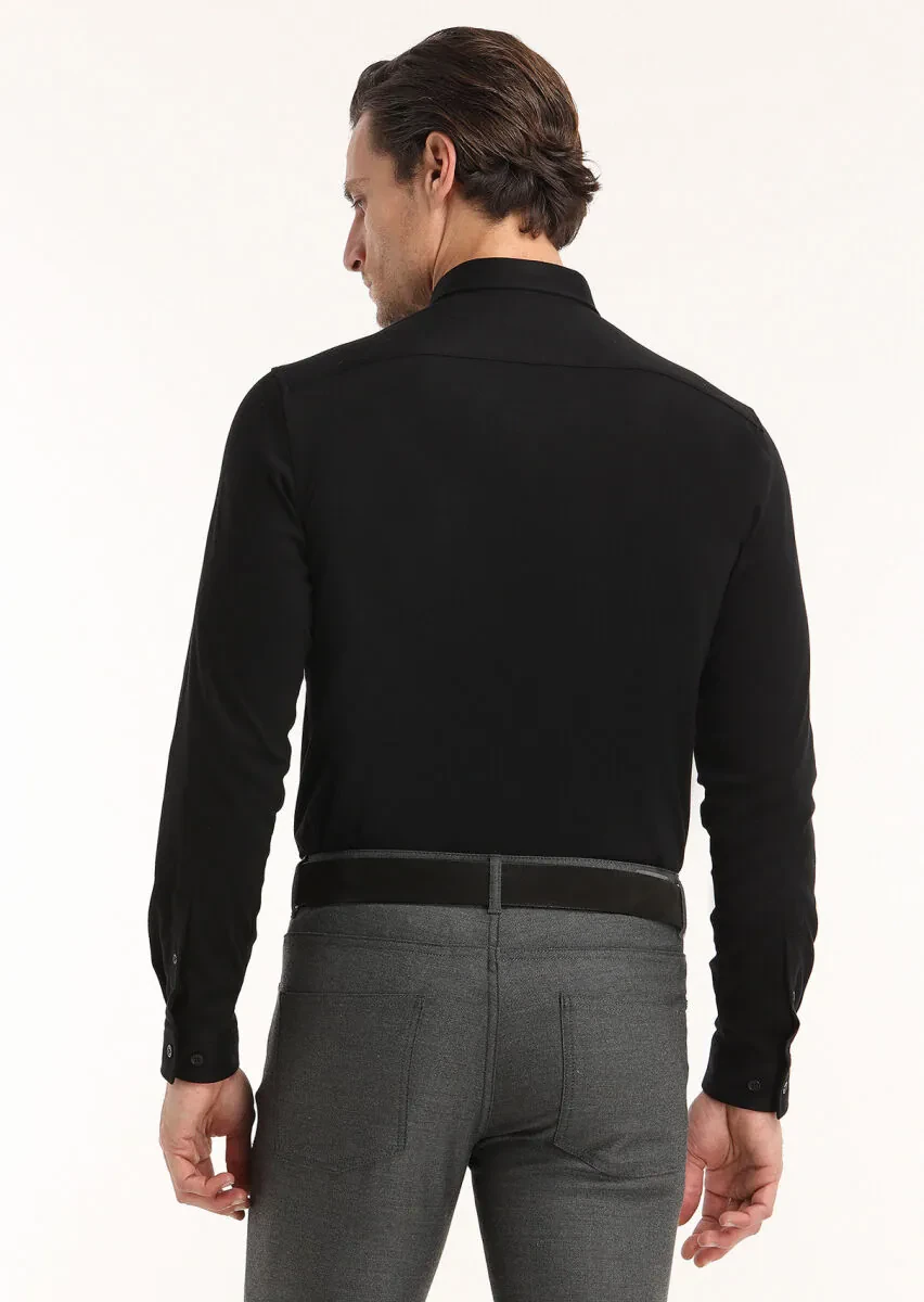 Black Plain Slim Fit Knitting Casual 100% Cotton Shirt - 5