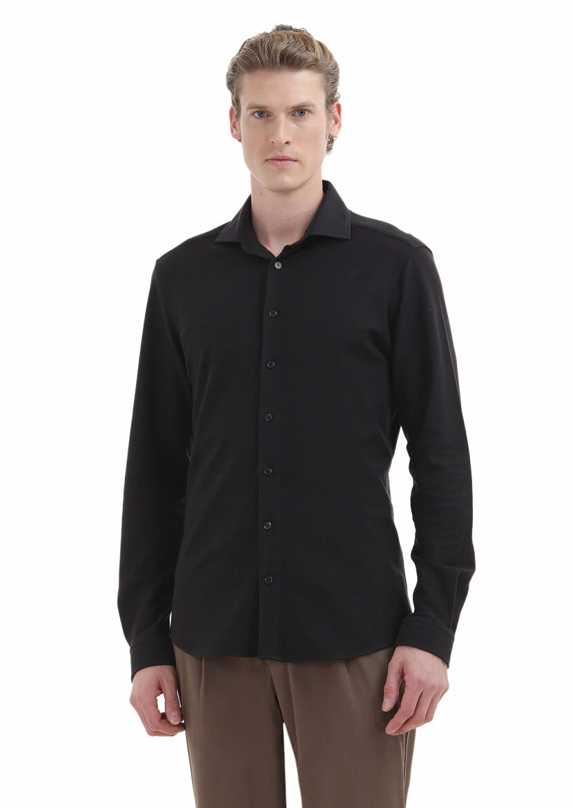 Black Plain Slim Fit Knitting Casual 100% Cotton Shirt - RAMSEY