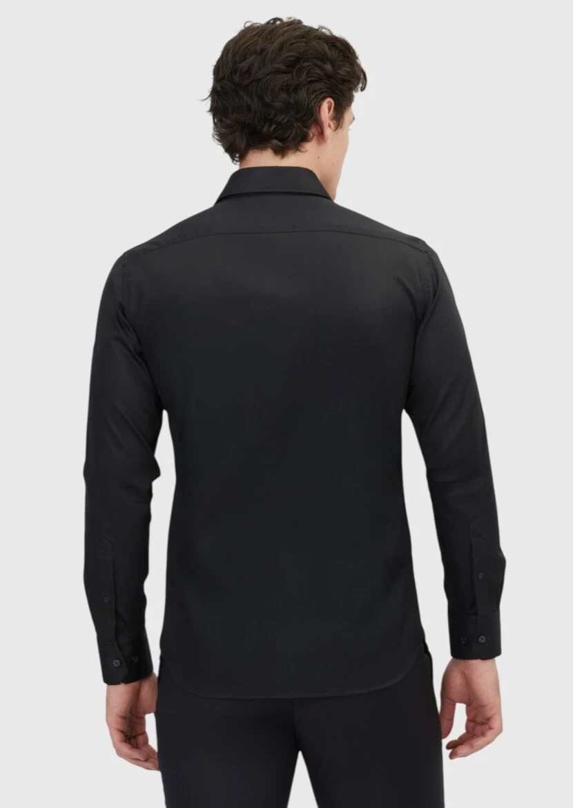 Black Plain Slim Fit Weaving Classical 100% Cotton Shirt - 5