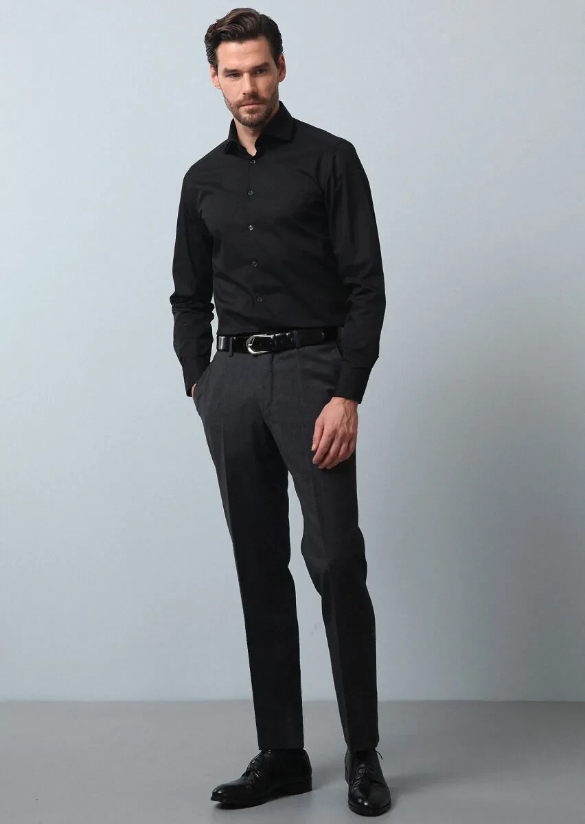 Black Plain Slim Fit Weaving Classical Cotton Blended Shirt - 2