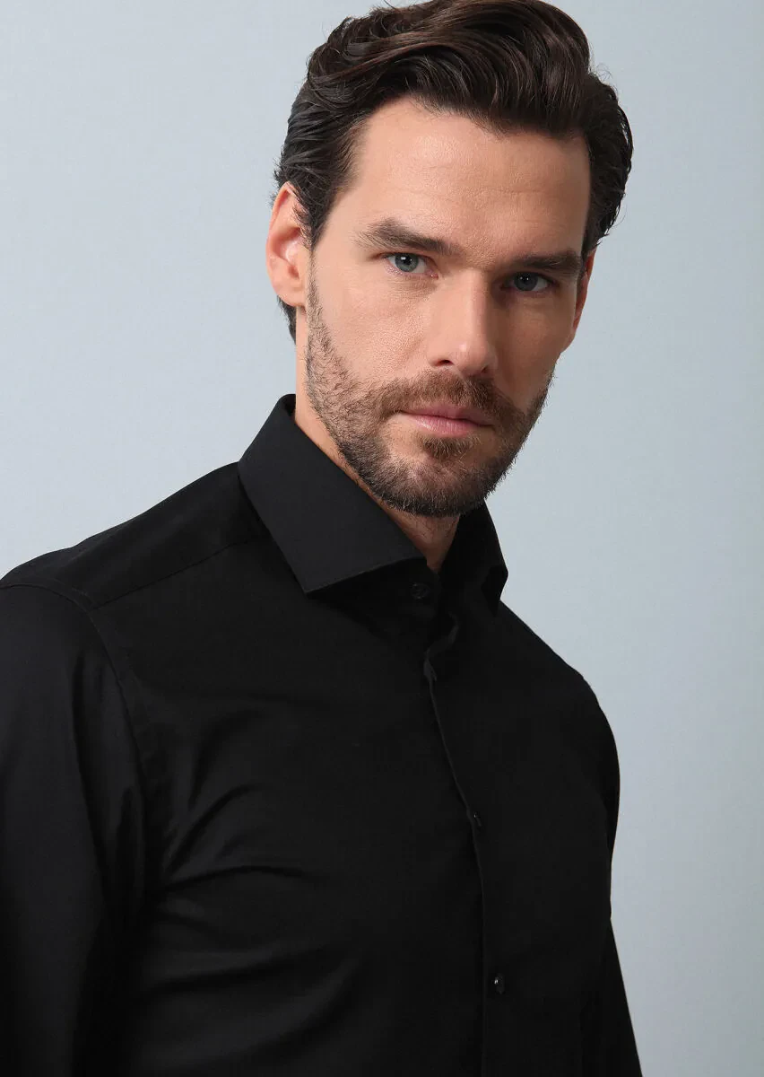 Black Plain Slim Fit Weaving Classical Cotton Blended Shirt - 3